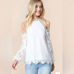 Sugar Lips Sugarlips Womens LACE HIGH Neck Open Shoulders TOP Blouse White Sz S